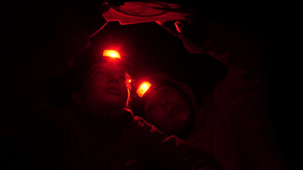 Deux personnes regardent une carte du ciel à la lampe frontale.