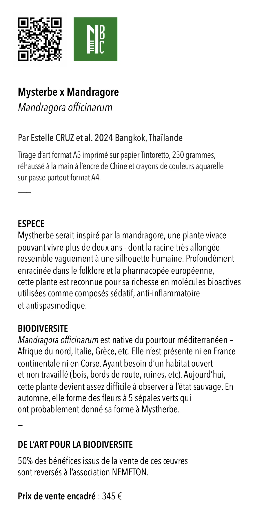Cartel de l'oeuvre Mysterbe x Mandragore : espèce, biodiversité et prix