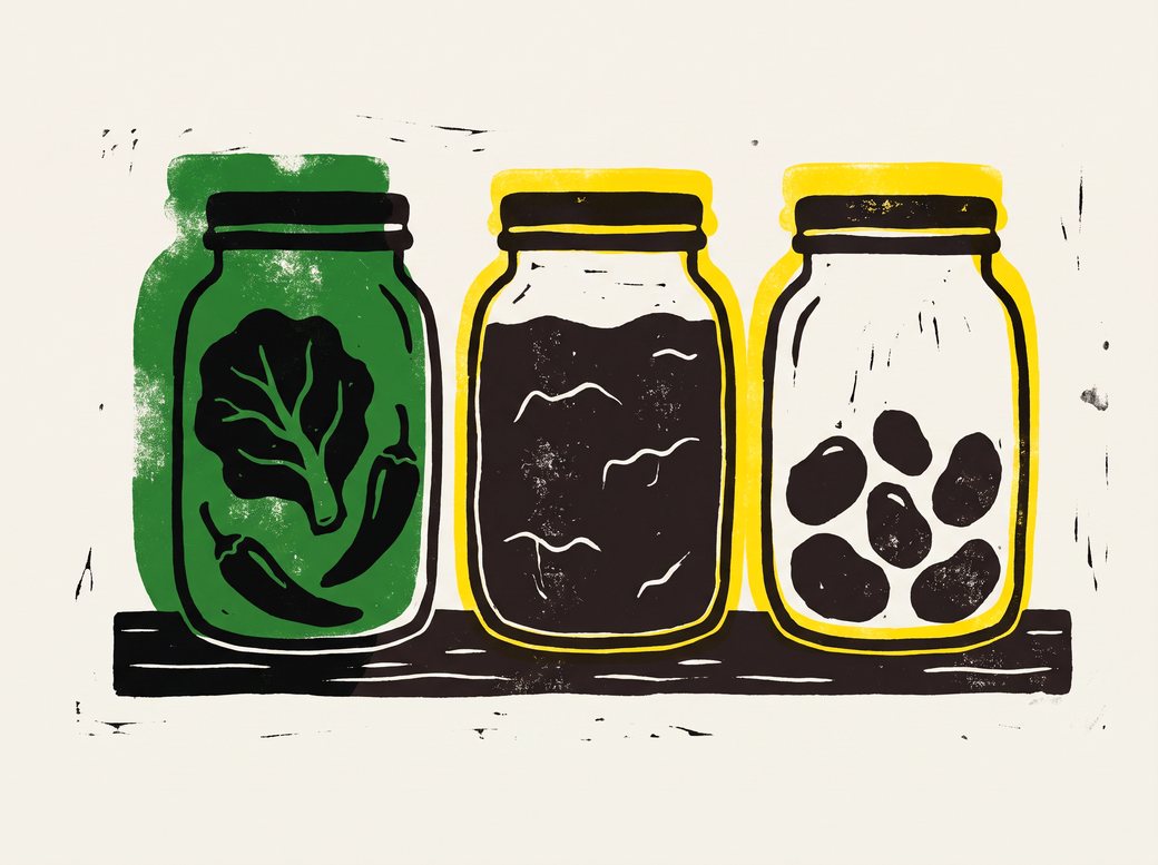 Illustration en linogravure : trois bocaux de kimchi, de miso et d'épices sur une planche