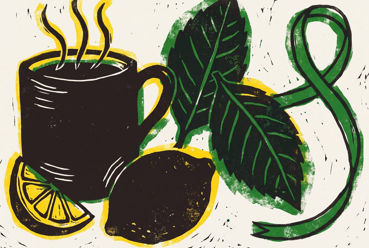 Illustration en linogravure : une tasse fumante, des feuilles de verveine, un citron et un ruban