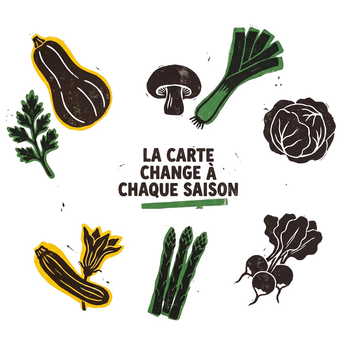 Linogravure : une couronne de légumes de saison (courge, champignon, poireau, chou, radis, asperges, fleur de courgette, herbes) autour de l'inscription « La carte change à chaque saison »