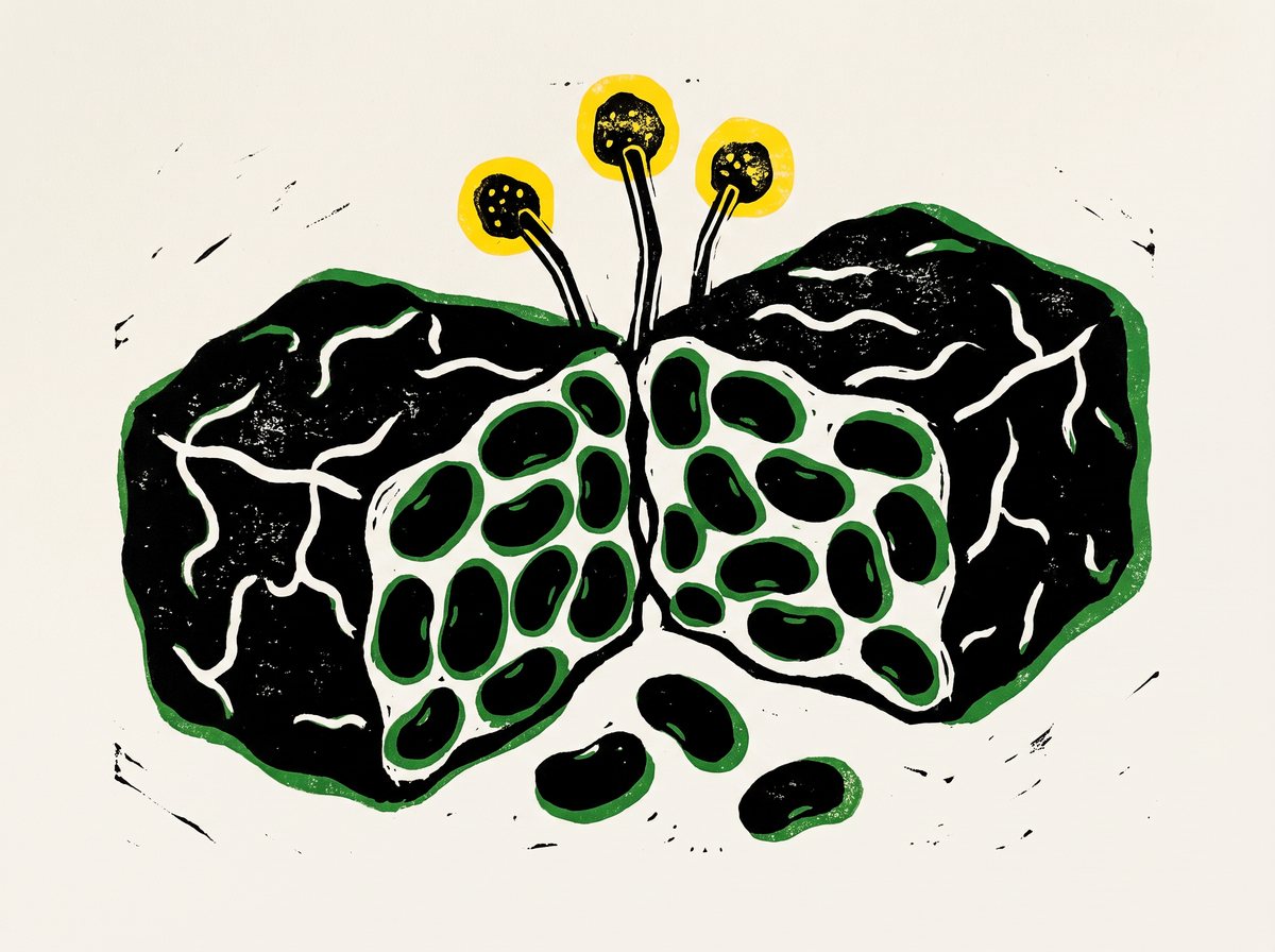 Illustration en linogravure : un bloc de tempeh ouvert en deux, les graines liées par le mycélium